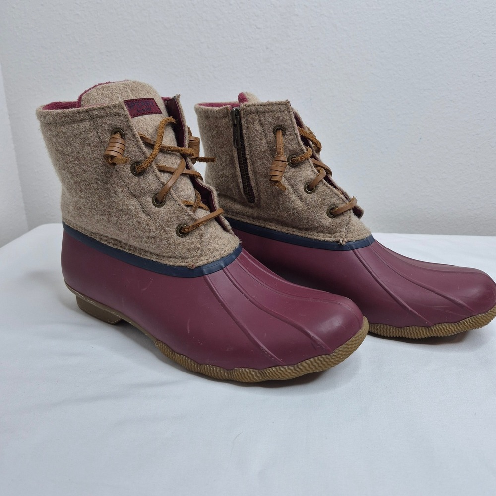 Sperry Saltwater Wool Burgundy‎ Tan Duck Boots Cozycore Utility Grandpacore 10